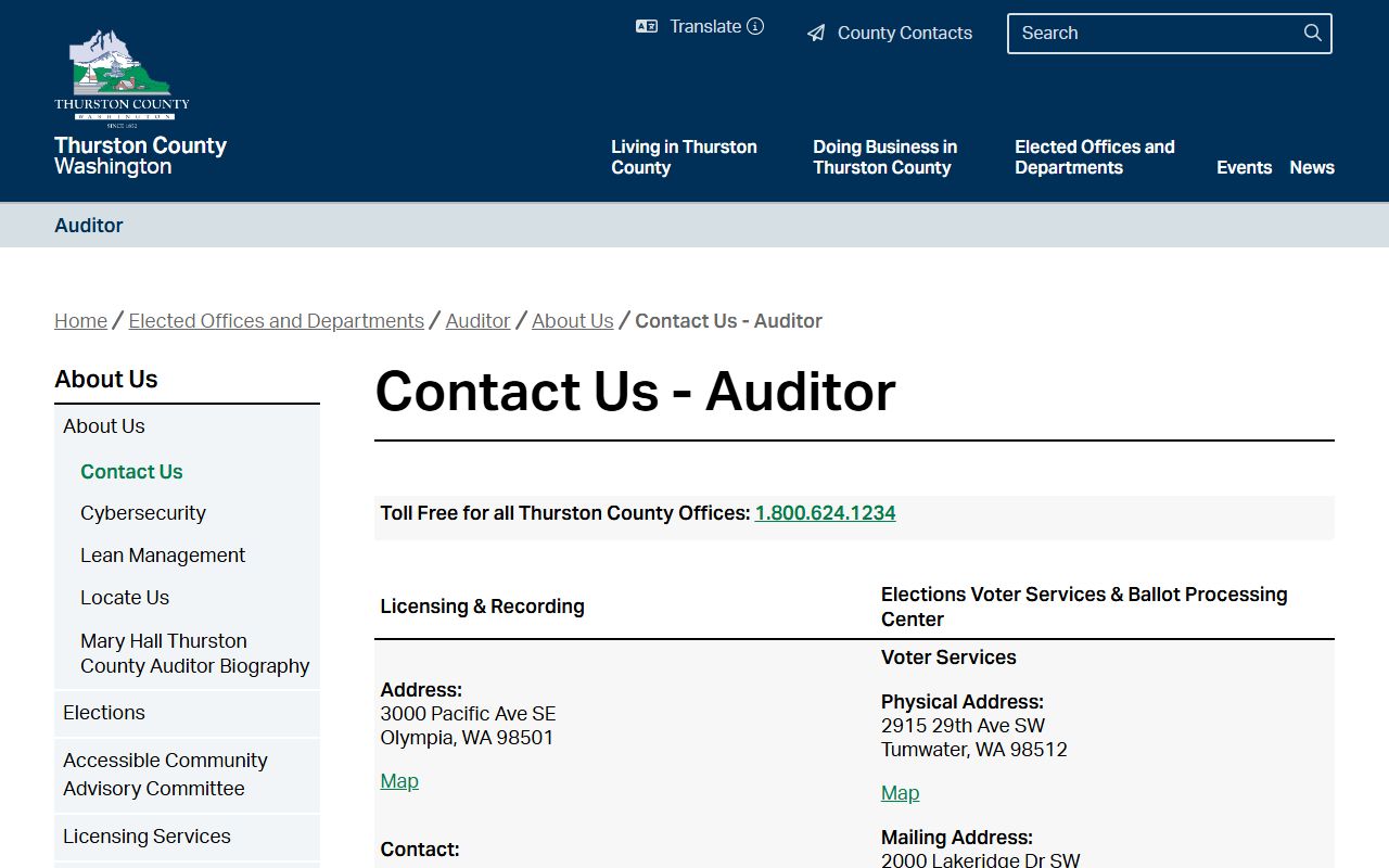 Thurston County Auditor contact information and office hours
