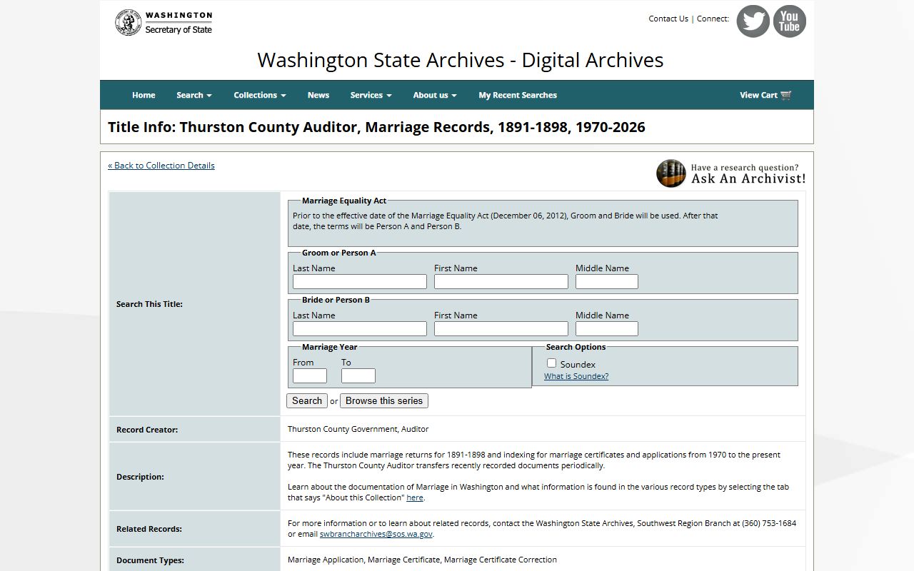 Thurston County Auditor marriage records at Washington State Digital Archives