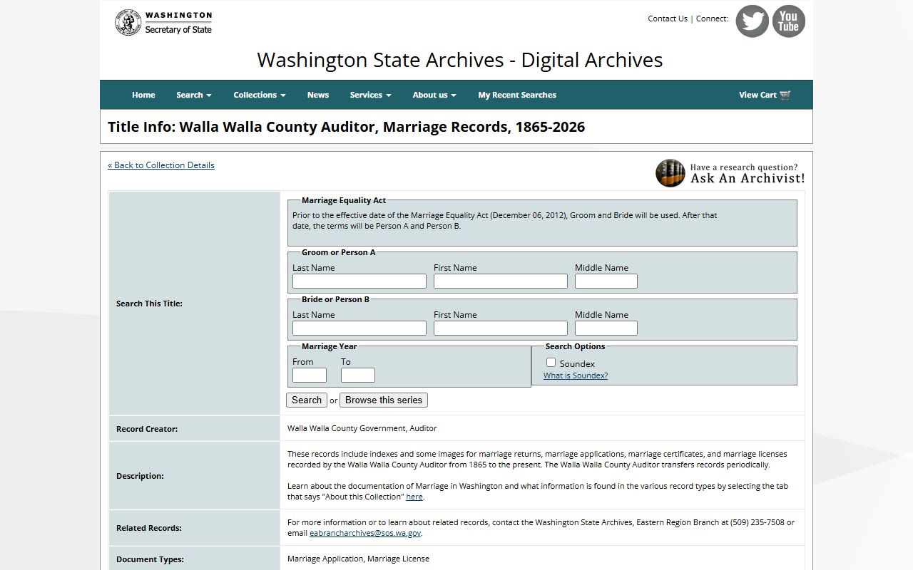 Washington State Digital Archives Walla Walla County marriage records from 1865