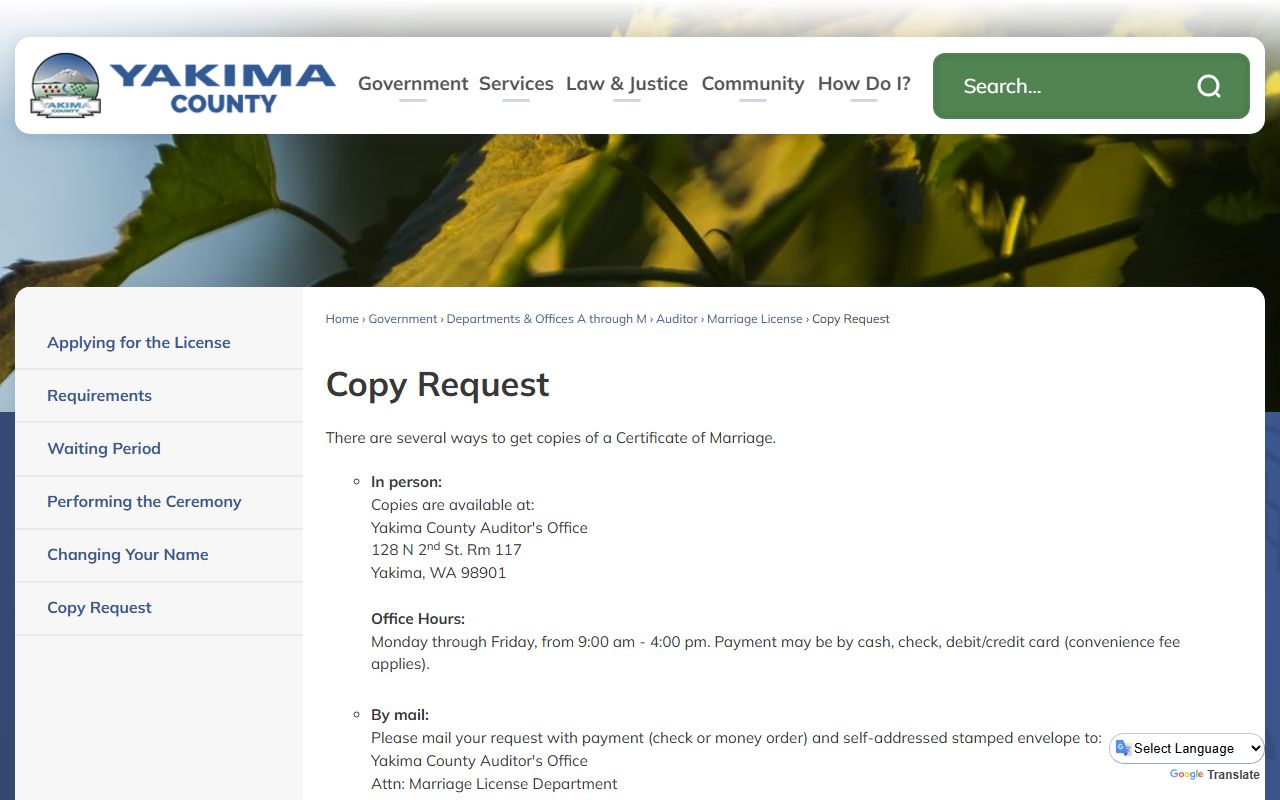 Yakima County marriage record copy request form