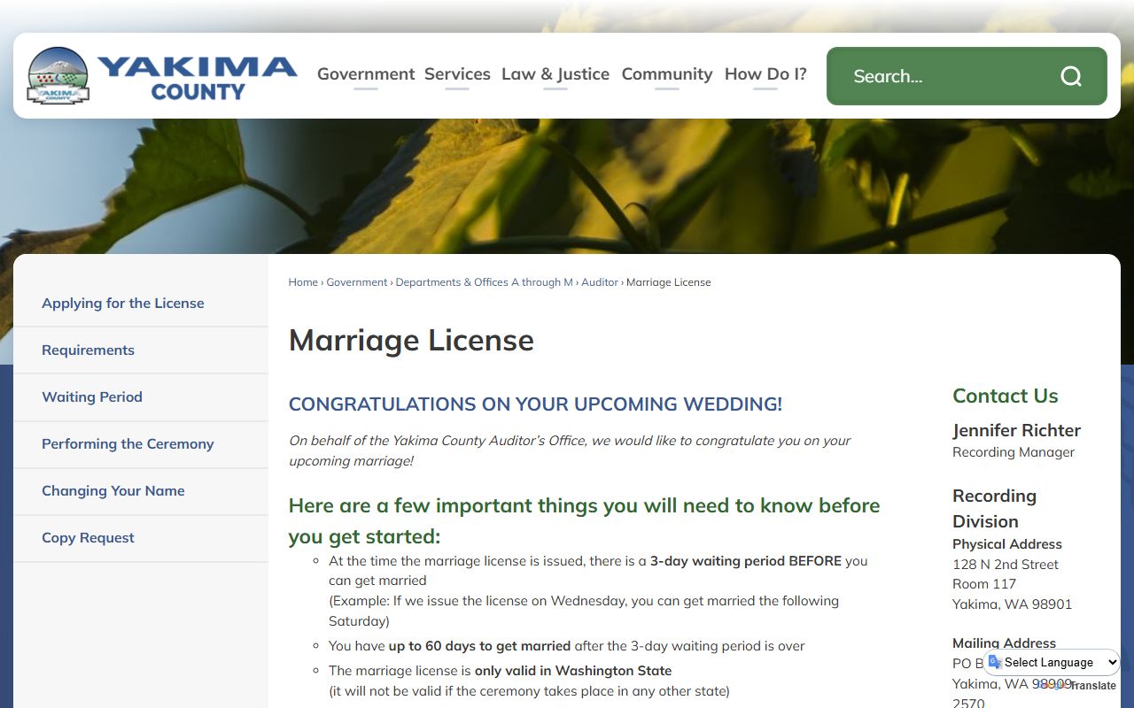Yakima County marriage license requirements and application process