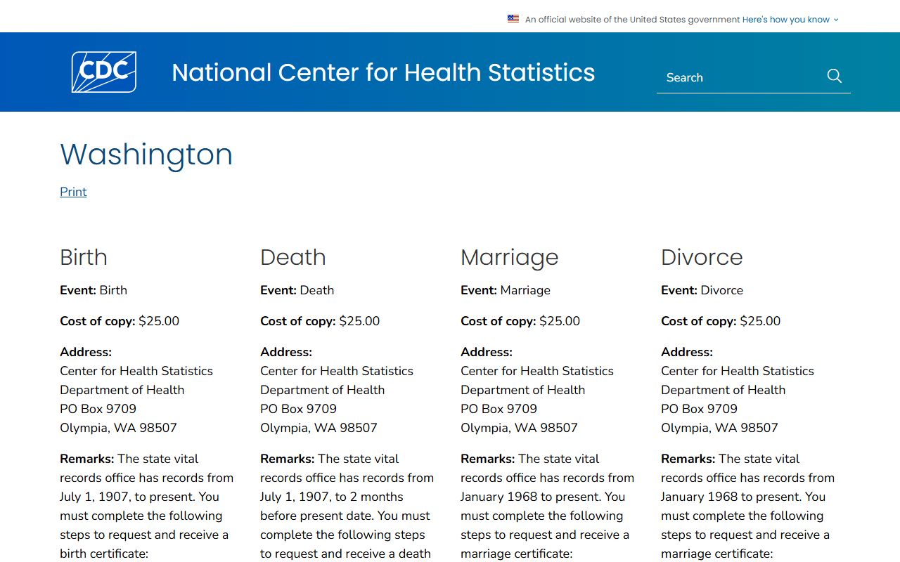 CDC Washington vital records information page for marriage certificates