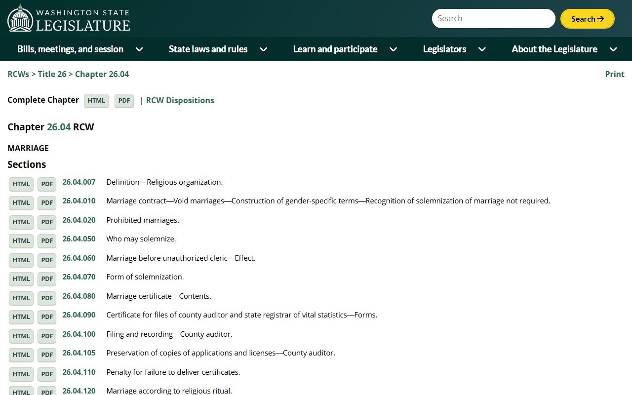RCW Chapter 26.04 Washington marriage laws page