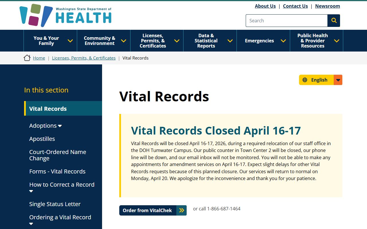 Washington State Department of Health vital records page for marriage certificates