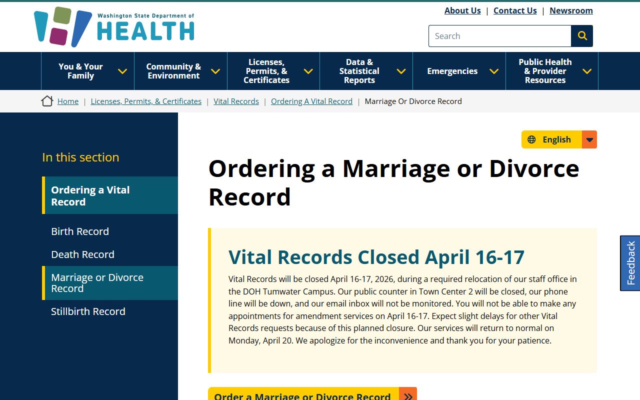 Washington State Department of Health page for ordering marriage and divorce records