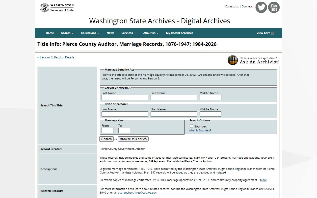 Washington State Digital Archives Pierce County marriage records