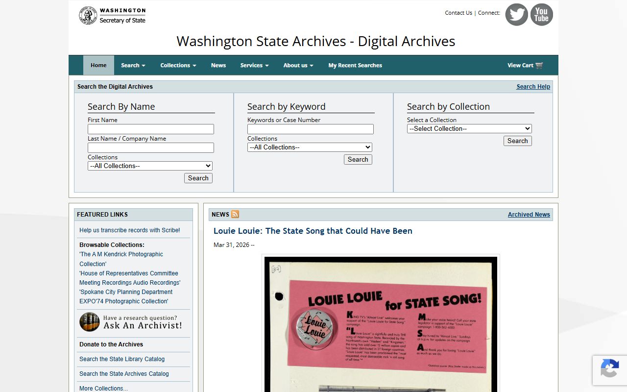 Washington State Digital Archives main page for marriage records research